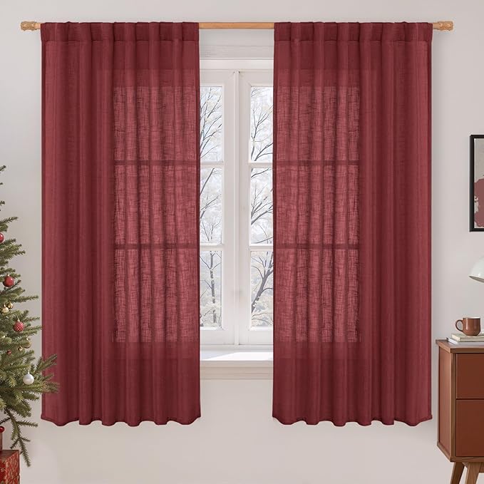LAMIT Sheer Linen Curtains 63 Inch for Bedroom, Light Filtering Christmas Decor Semi Sheer Farmhouse Drapes Back Tab and Rod Pocket Living Room Panels, Burgundy Red, 2 Panels, 52 x 63 Inch