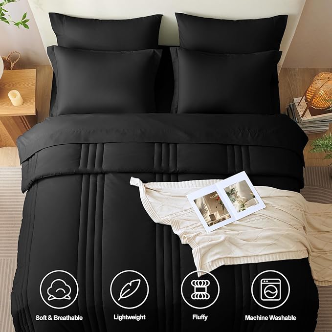 CozyLux Twin XL Size Comforter Sets - 5 Piece Bed in a Bag Black Comforter Set with Sheets Luxury Bed Set All Seasons, Soft Bedding Set with Down Alternative Comforter, Sheets, Pillowcase & Sham