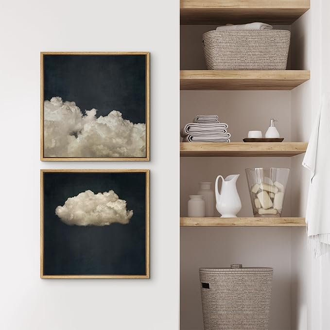 SIGNFORD Framed Canvas Print Wall Art Set Vintage Cloud Soft Neutral Sky Illustrations Modern Art Minimal Relax/Calm for Living Room, Bedroom, Office - 16"x16"x2 Natural