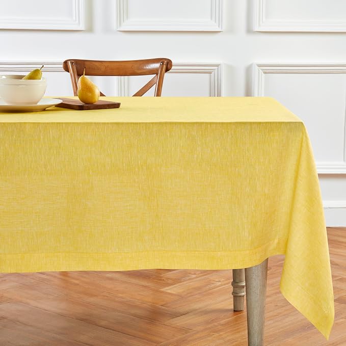 Solino Home Linen Tablecloth 54 x 72 Inch - 100% Pure Linen Chambray Lemon Yellow Table Cloth for Rectangle Tables - Athena, Machine Washable Tablecloth for Summer
