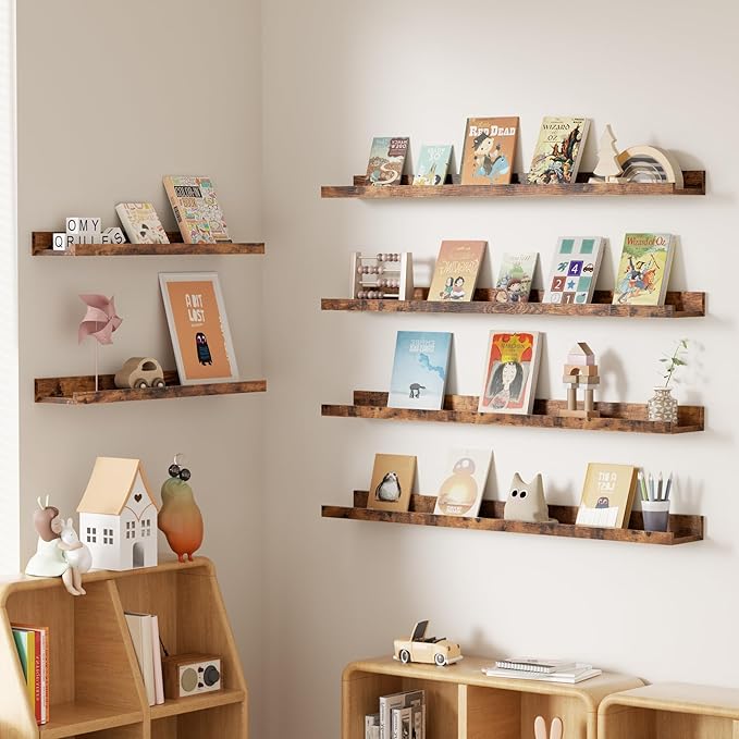Merapi 6-Pack Floating Shelves for Wall, 24 Inch Long Modern Wood Shelves for Living Room, Bedroom, Bathroom & Kitchen Decor, Easy Installation Wall Mounted Storage Display Shelves
