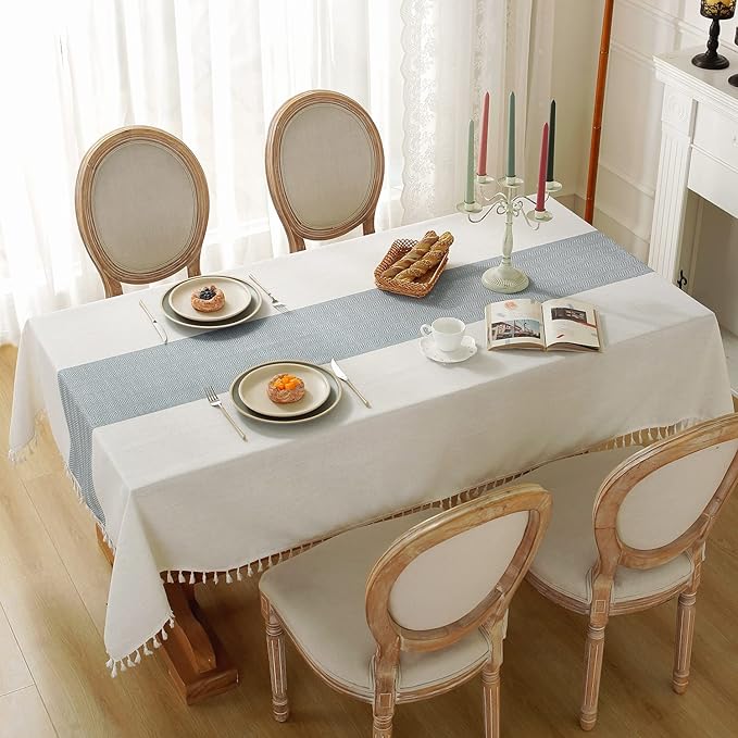 Laolitou Tablecloth for Dining Table Rustic Farmhouse Kitchen Tables Cloth Coffee Table Cover, Cotton Linen Fabric Small Rectangle Tablecloths, Beige, Blue Stripe, 55x102 Inch