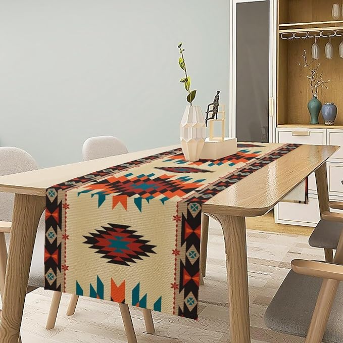 Aztec Southwest Retro Table Runner Vintage Geometry Triditional Ethnic Style Garden Farmhouse Dining Table Decoration for Living Room Kitchen 13x36in