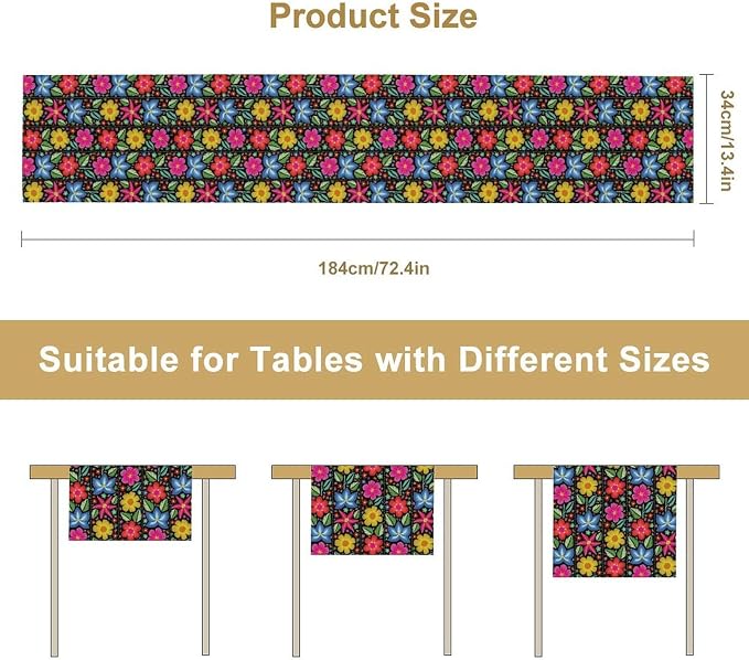 YCness Ethnic Mexican Table Runer, Mexican Flower Traditional Pattern Ornate Folk Graphic Spring Table Runner for Party Living Room Dining Home Table Decor, 13x120 Inch