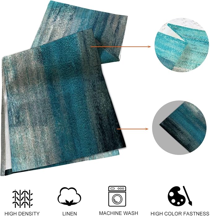 Teal Blue Abstract Table Runner and Place Mats Set of 6 Turquoise Teal Placemats Cloth Dining Mat Sets Blue and Grey Modern Table Runners Washable Kitchen Accessories Decor 70 Inches Long