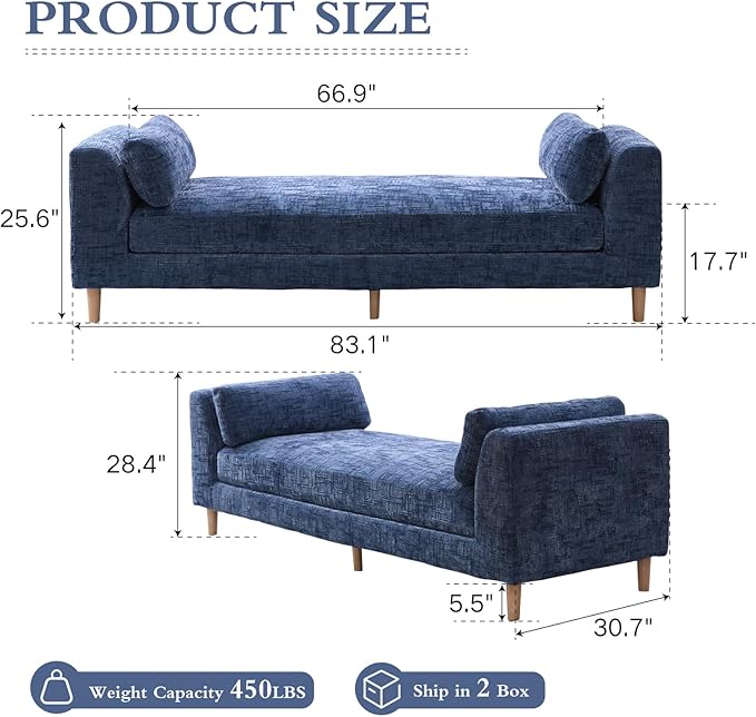 Chifee & Vingol 83.1" W End of Bed Bench King Size Bedroom Benches Upholstered Entryway Bench with Removable Pillows for Living Room Hallway,Blue