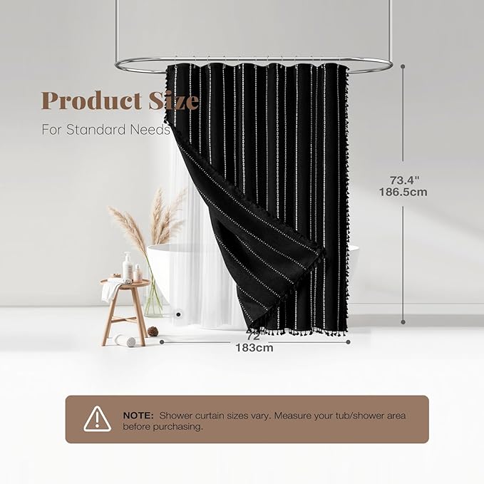 BTTN 3 in 1 Shower Curtain with Liner, Black and White Boho Linen Striped Cloth Shower Curtain Set with Plastic Hook, Farmhouse Bohemian Country Waterproof Fabric Shower Curtain for Bathroom, 72x72