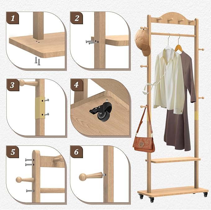 Wood Clothes Rack with Storage, 2 Shelves, 9 Hooks, Garment Rack with wheels, Coat Rack Freestanding, Clothing Rack Heavy Duty Hall Tree for Living Room Hallway,835 Natural