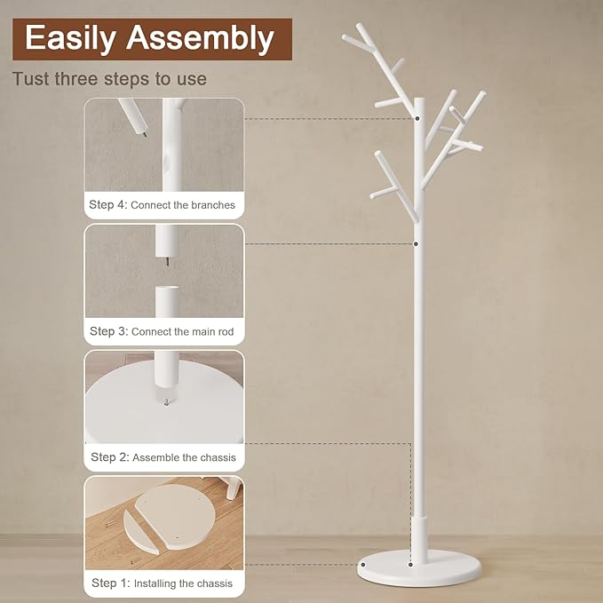 Muwuele Coat Rack, Solid Wood Coat Rack Freestanding with 12 Hooks, Coat tree freestanding 3 Adjustable Heights for coat, Hats, Handbags，Coat Stand for Entryway,Bedroom (White)