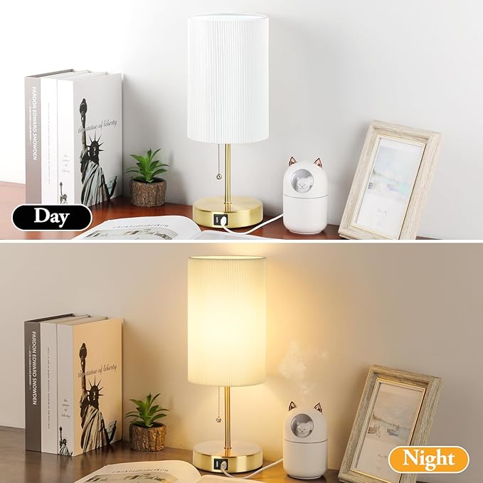 Lakumu 2 Sets Table Lamps with 2 USB, Minimalist Beside Lamps for Bedroom, Nightstand Lamp with Pull Chain, Desk Lamps with White Pleated Shade and Gold Metal Base for Living Room Dorm Reading Hotel