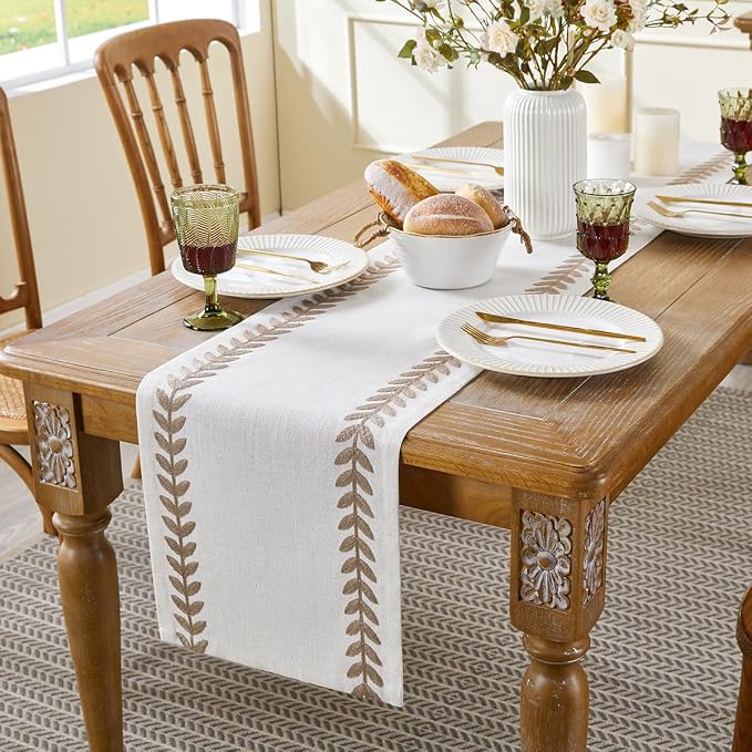 Wracra Embroidered Fall Table Runner Irregular Willow Leaf Table Runners 72 Inches Long for Dresser Home Dining Table Decor,14 x 72 Inch, Taupe