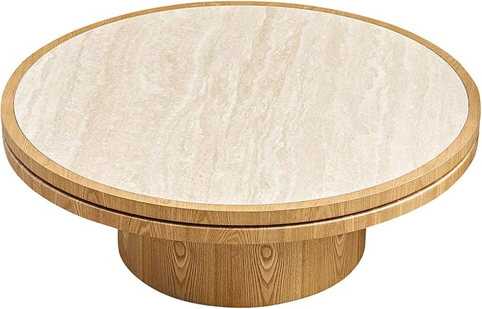 35.43" Farmhouse Round Coffee Table with Sintered Stone Tabletop, Sturdy Wood MDF Pedestal Coffee Tables for Living Room, Modern Circle Center Tea Table for Apartment, Office Bedroom Natural