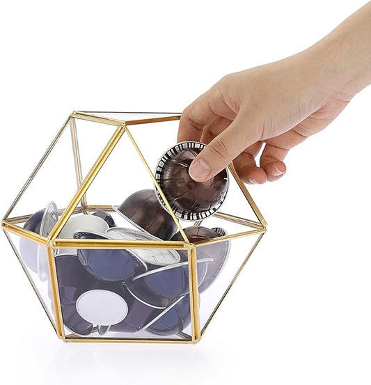 ELLDOO Gold Glass Coffee Pods Holder, Large Capacity 14 Sided Glass Box for K Cups & Nespresso Capsules, Coffee Capsule Storage for Counter Coffee Bar, Kitchen, Office