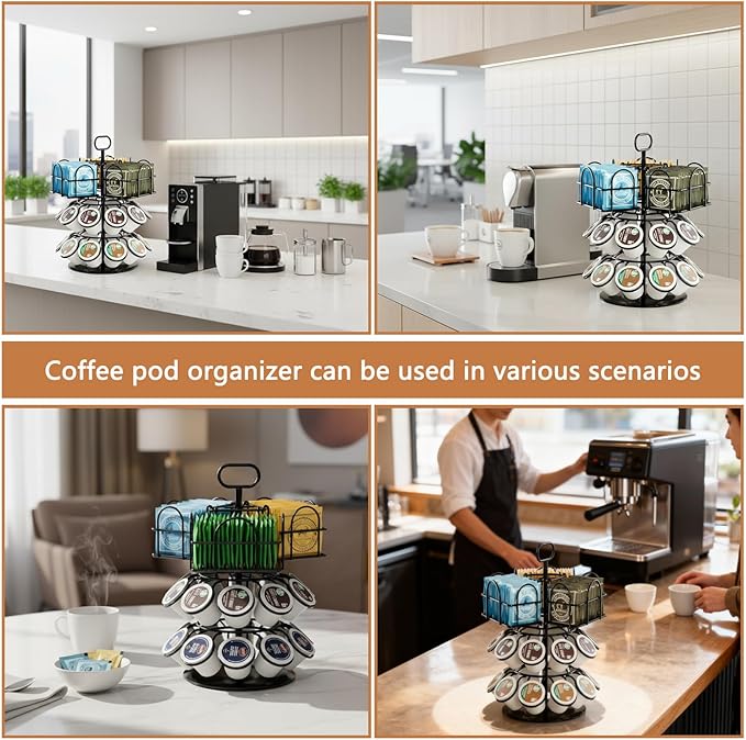 K Cup Coffee Pods Holder, Rotatable Coffee Pod Stands for 20 Pods & 60 Tea Bags, Coffee Pod Organizer Carousel for Countertop