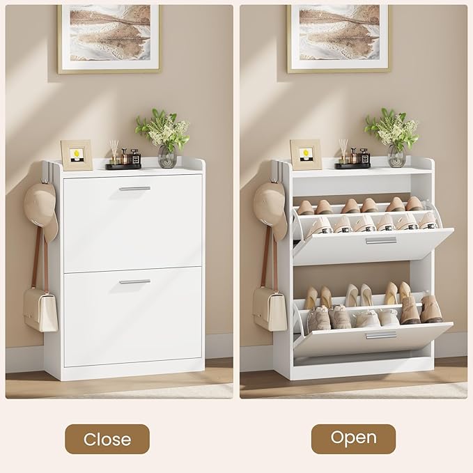 Shoe Cabinet Organizer with 2 Flip Drawers & 2-Tier Adjustable Shelves, Freestanding Shoe Rack Cabinet, Narrow Shoe Storage for Entryway, Foyer, Hallway, White, 23.6" W × 9.4" D × 33.1" H