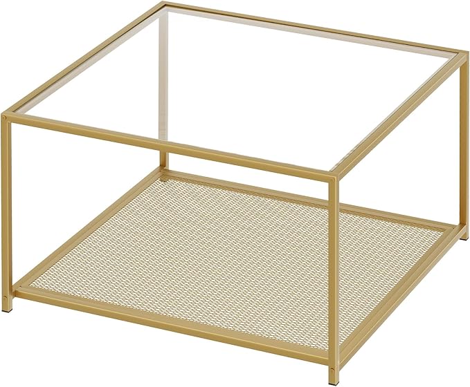 Gold Glass Coffee Table, Square Coffee Tables with Storage Shelf, Simple Tea Cocktail Modern Center Tables for Small Space, Living Room, Easy Assembly, 26 * 26in（Gold）