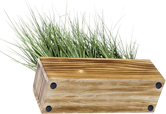 MyGift Artificial Grass Plants in Rustic Burnt Solid Wood Planter Box, 12 Inch Decorative Wooden Container with Faux Greenery Plant, Indoor Table Decor