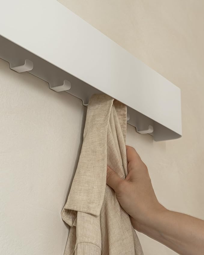 Kazai. Coat Rack Wall Mount with Shelf 'Tone' | Modern Design Coat Hanger with Hidden Hooks and Storage | Hat Rack with Shelf in Metal | Wall-Mounted Purse Organizer | White