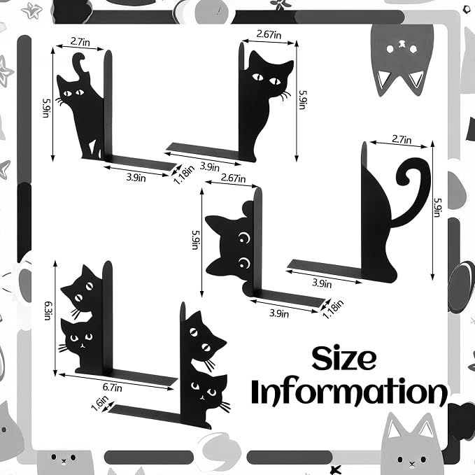Flutesan 6pcs Black Cat Metal Bookends Cute Cats Bookends for Shelves, Bookshelf Decorative Home Office Desk, Bookstore, Bookshelf Decor Cat and Reading Lovers Gift