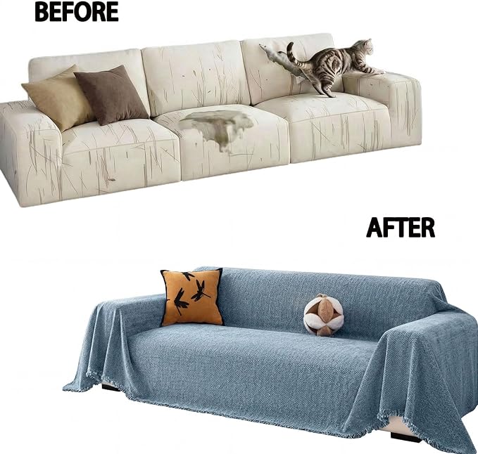 Chenille Couch Cover for Sofa Non Slip Cover Washable Pet Scratch Couch Covers Tassel Sofa Slipcover for 3 Cushion Couch Furniture Protector Blanket for Living Room,Stone Blue 91"x150"