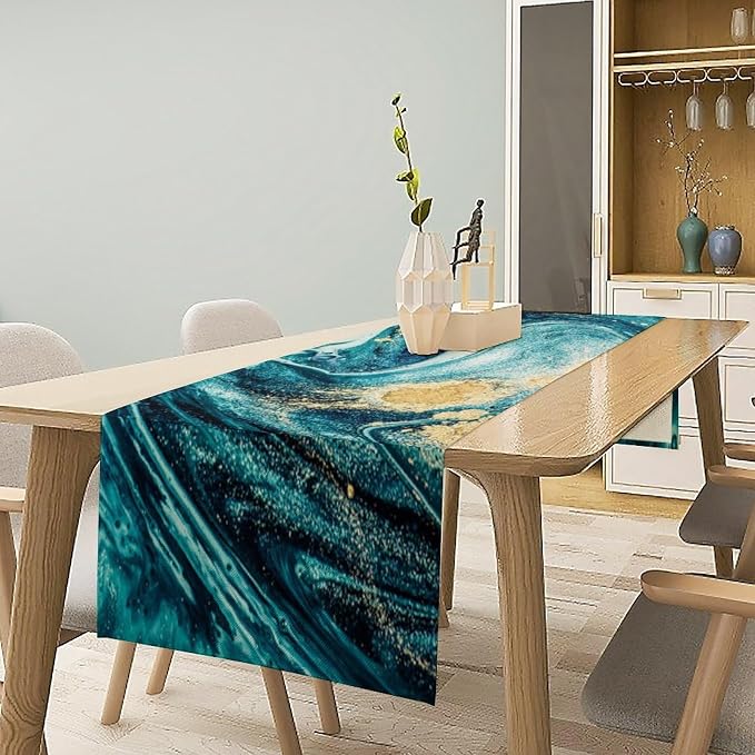 Teal Blue Marble Table Runner,Marble Teal Gold Liquid Luxury Texture Pattern Table Runner for Coffee Table Dining Room Table Bedroom Party Holiday Decor 13x108inch