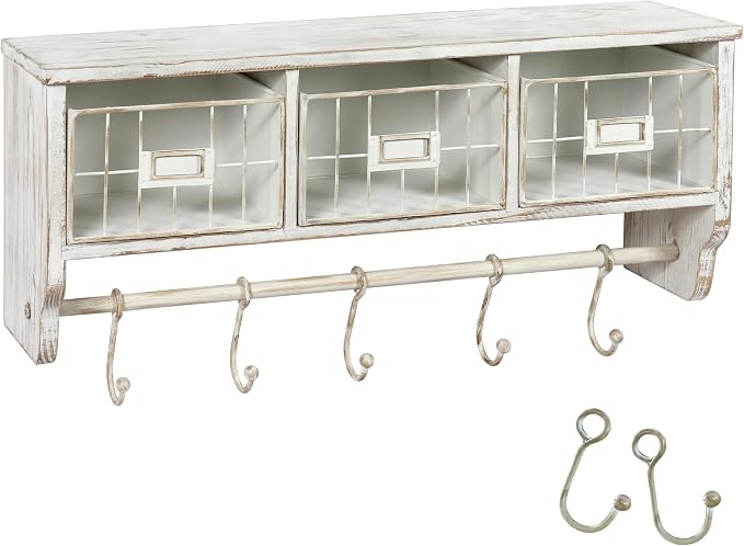 BizChair Wall Mounted Storage Rack - Whitewashed Solid Pine Wood - 24 Inch - Upper Shelf - 5 Hooks - Wire Baskets - For Entryway, Kitchen, Bathroom