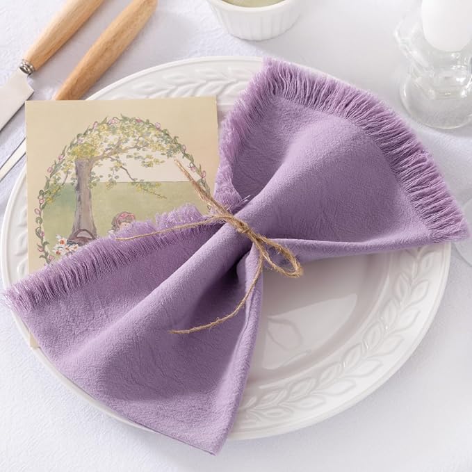 DeZerlor 12 Pack Purple Cotton Linen Napkins with Fringe Summer Cloth Napkins Set of 12 Boho Handmade Dinner Napkins Bulk for Wedding Bridal Baby Shower Parties, 17 x 17 Inches