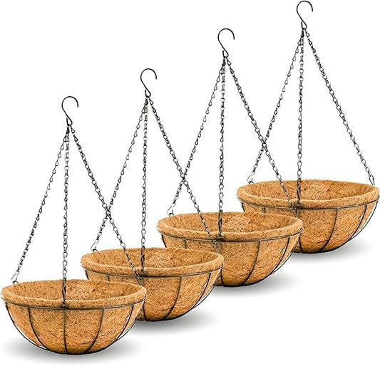 12 inch Metal Hanging Baskets For Plants Outdoor 4 Pack Round Metal Wire Hanging Basket Planter with Coco Fiber Liners Chain Round Wire Plant Holder for Garden, Patio, Deck, Porch Plants Flower Potss