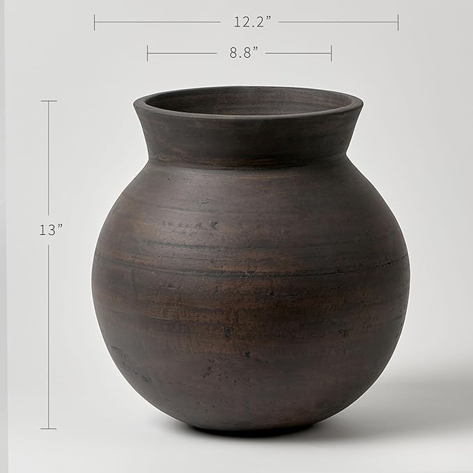 LB2 Brown Ceramic Large Vase, 13" Tall Zen Style vase, Terra Cotta Pitcher, Distressed Farmhouse Decor, Pottery Decorative Flower for Home Decor