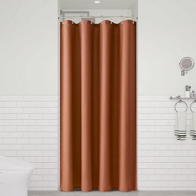 Naturoom Terracotta 48 Inch Boho Shower Curtain - Stall Narrow Half Linen Ultra Thick Fabric Shower Curtain Set with Hooks, Farmhouse Rustic RV Camper Bath Curtains for Bathroom, 48x72