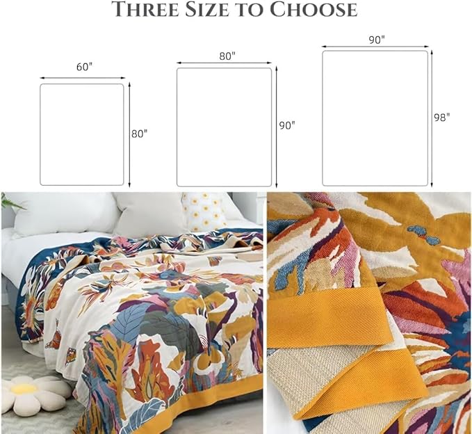 Boho Throw Blanket for Bed 100% Cotton Bohemian Blankets Ultra Soft Woven Muslin Decorative Blankets All Seasons Vintage Quilt Knitted Blanket for Sofa Chair(Yellow, 90"x98")