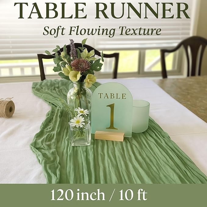12 Pack Sage Green Cheesecloth Table Runners – 10FT Rustic Gauze Bulk Set for Wedding Reception, Woodland Baby Shower, Garden Party, or Boho Spring Event Decor