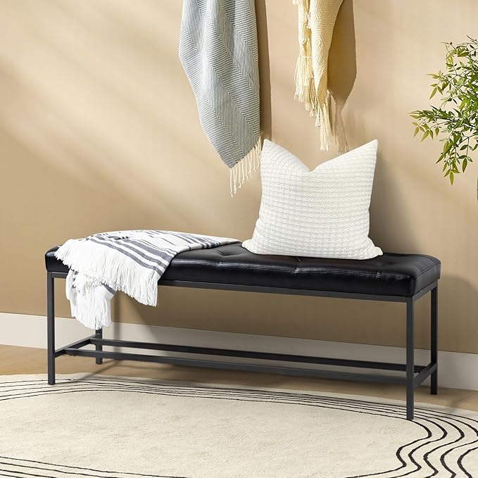 HULALA Home Faux Leather Ottoman Bench with Storage Shelf & Metal Legs, Modern Upholstered Bedroom Bench for End of Bed, Button-Tufted Dining Bench Footstool for Entryway Living Room, Black
