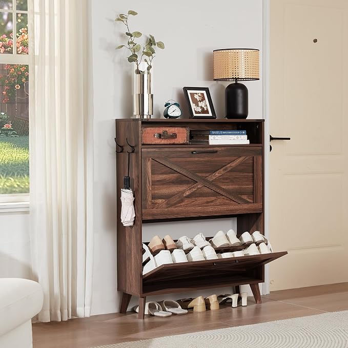 Joaxswe Shoe Cabinet Storage for Entryway with 2 Flip Drawers 2 Hook Open Storage Layer Rack Narrow Organizer Slim Hidden Wood Shoe Cabinet Furniture Walnut