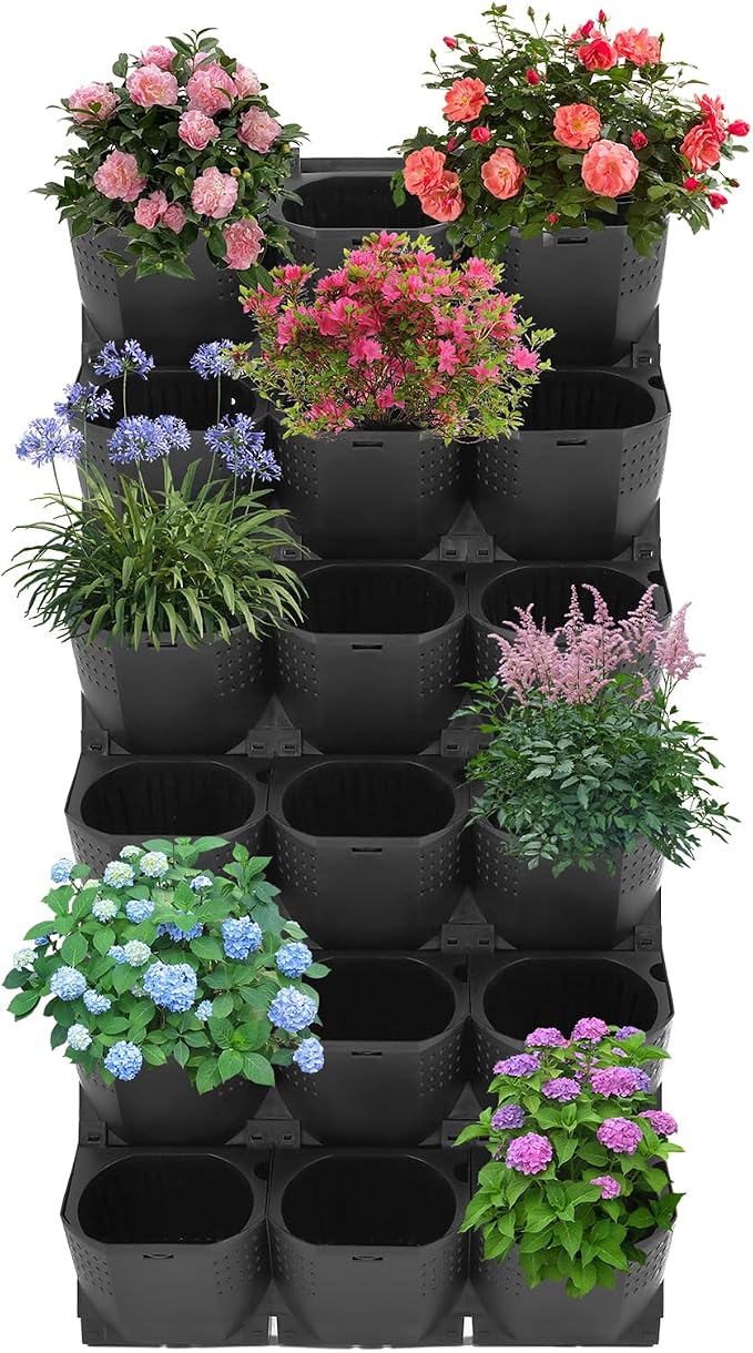 Wall-Mounted Flower Pot Holder for Indoor Outdoor Use on Balcony, Patio, Garden (36-Slot Black)