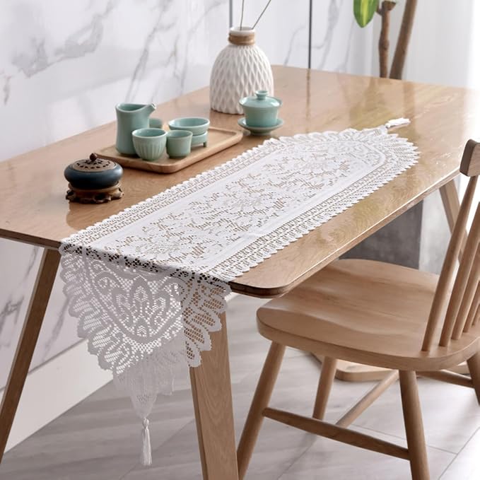 2Pcs Lace Table Runners with Tassels, Farmhouse Boho Doily Vintage Floral Dollies for Tables Dresser Nightstand Decor, 13"x45" (White)