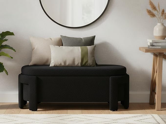 Black Storage Bench for Bedroom 47.25 in Modern Boucle Upholstered Ottoman with Storage Space for End of Bed/Living Room/Closet/Lounge/Window Corner, Black