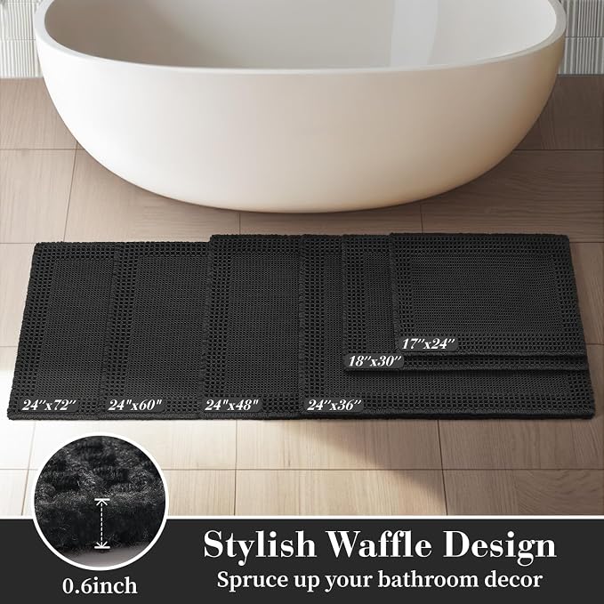 RESARE Waffle Bath Mat for Bathroom, Super Absorbent Bathroom Rugs Non Slip Machine Washable, Ultra Soft Quick Dry Boho Bath Rugs with Tassels, Farmhouse Home Decor Accessories, 18"x30" Black