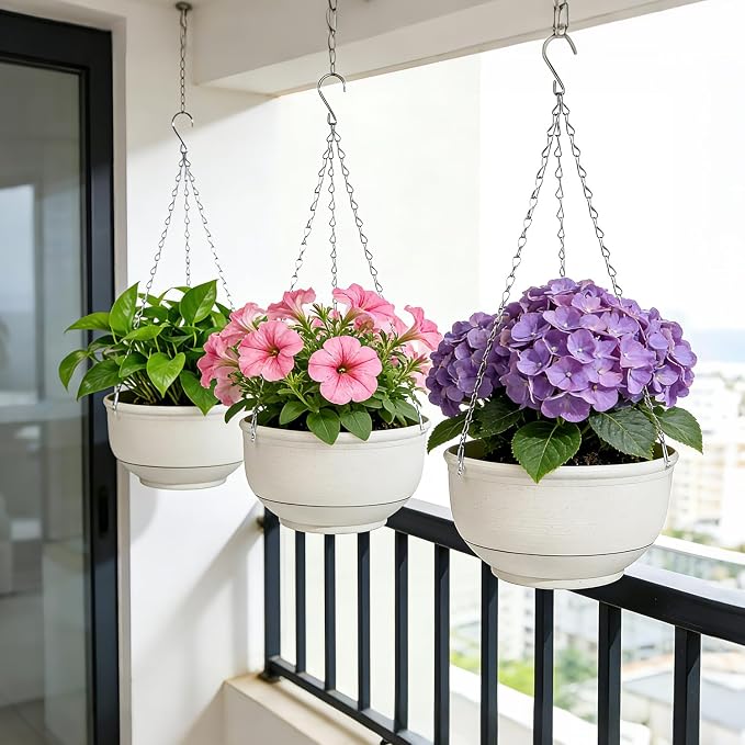 9 Inch Hanging Planter 2-Pack, Beige Hanging Flower Pots with Chains – Indoor Outdoor Hanging Baskets with Drainage Holes for Balcony, Patio, Garden & Small Space Decor