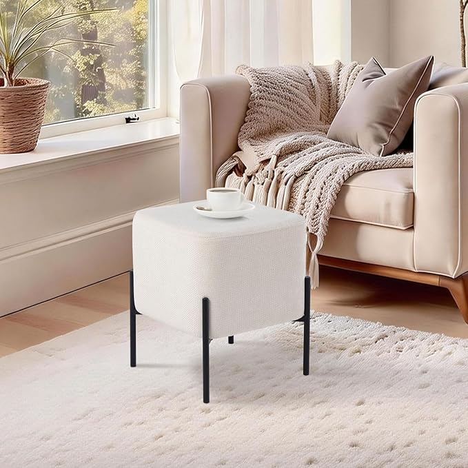Get Set Modern Linen Ottoman Stool Vanity Stool Foot Rest Stool, Square Small Vanity Chair for Makeup Room, Footrest Stool with Metal Legs, Side Table Ottoman for Living Room, Bedroom, Walk-in Closet