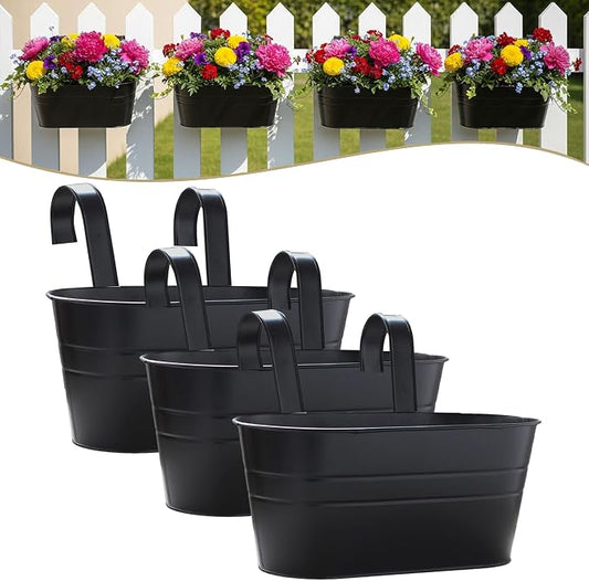 3 Pack 10.6 Inch Metal Hanging Flower Pot Oval Metal Railing Planter Balcony with Detachable Hook Indoor Outdoor Decor for Railing Fence Balcony Garden （Black）