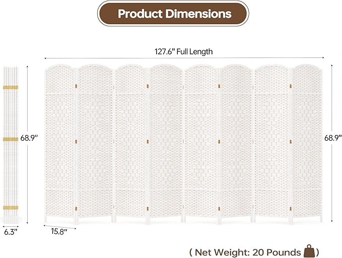 Duraspace 8 Panels Room Divider 6 FT Tall Weave Fiber Privacy Screen Freestanding Double Hinged Folding Screen Extra Wide Room Dividers for Patio Privacy (Off White)