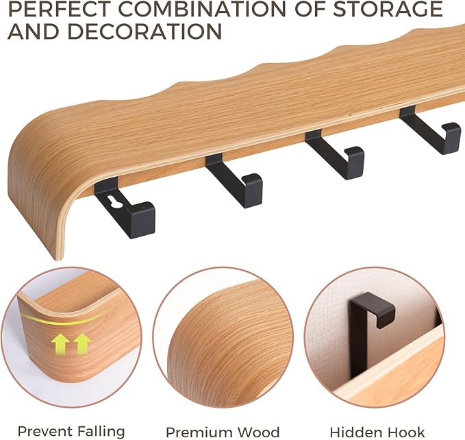 Coat Rack Wall Mount with Shelf Entryway Shelf Modern Key Holder Hanger Wall Shelves with Hidden Hooks for Hanging Towels Coats Hats Bags for Hallway Bathroom Bedroom (Wavy Oak, 8 Hooks)