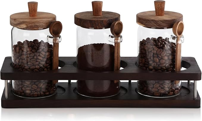 Suclain 3 Pcs Glass Coffee Bean Container 29 oz Airtight Coffee Canister with Shelf and Measuring Spoon Kitchen Food Canister Jar for Sugar Candy (Retro Style, Wood, Glass, Stainless Steel)