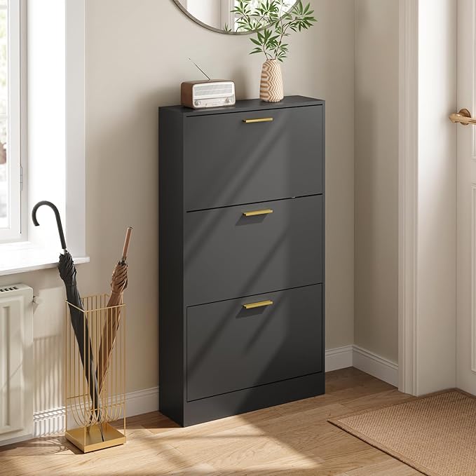 Shoe Cabinet Storage for Entryway, White Shoe Organizer with 2 Flip Drawers & Open Shelf, Freestanding Hidden Large Shoe Storage Cabinet (1pc-Black, 3 Flip Drawers)