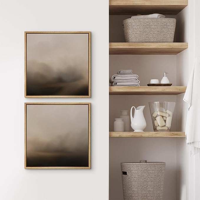 SIGNFORD Framed Canvas Print Wall Art Set Neutral Foggy Landscape Soft Beige and Brown Abstract Illustrations Modern Art Minimal Relax/Calm for Living Room, Bedroom, Office - 16"x16"x2 Natural