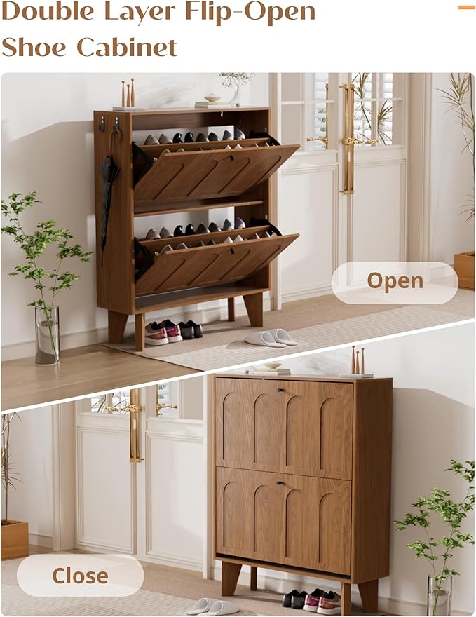31.5" Shoe Storage Cabinet with 2 Flip Drawers, Narrow Shoe Cabinet for Entryway, Wood Shoe Rack Cabinet for Hallway, Walnut