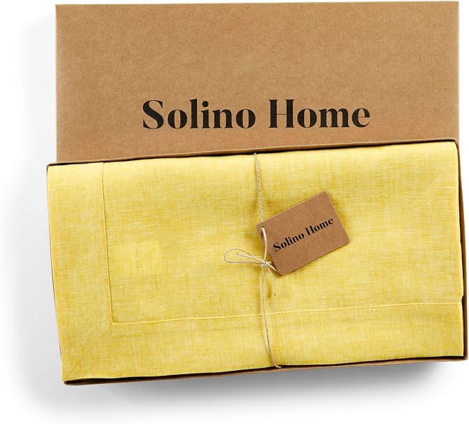 Solino Home Linen Tablecloth 60 x 144 Inch - 100% Pure Linen Chambray Lemon Yellow Table Cloth for Rectangle Tables - Athena, Machine Washable Tablecloth for Summer