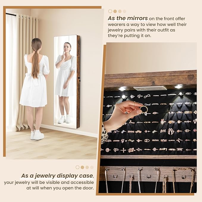 NAFORT 2 LEDs Full Length Mirror with Jewelry Armoire, Jewelry Organizers and Storage with 2 Mounting Options, 47.5”H Jewelry Cabinet with 2 Drawers, Make up & Lockable Jewelry Box, Rustic Brown