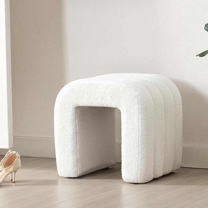 ONEVOG 2-Piece White Boucle Pouf Ottoman Set, 18 Inch Modern Upholstered Small Footrest with Sturdy Wood Frame, Cute Vanity Makeup Seat Footstool for Couch, Living Room, Bedroom, or Dorm Decor